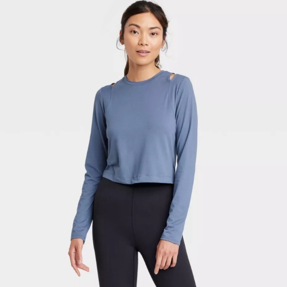BIN#5 - Women’s Cropped Cut-Out Shoulder Navy Blue Active Top